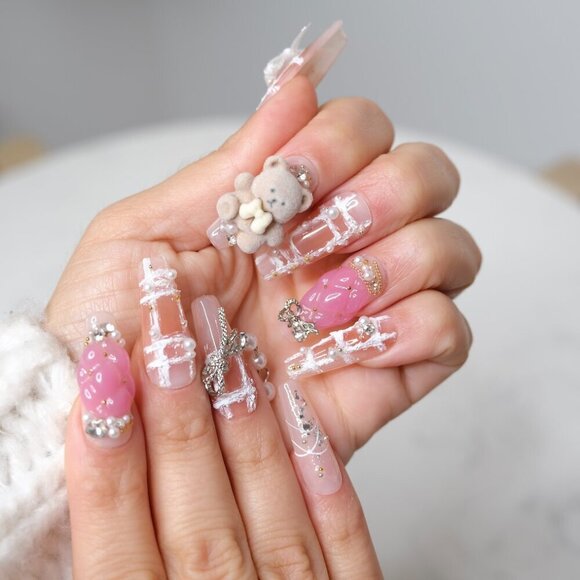 tipsy | Handmade Press On Nails | Long Coffin| 3D Nail | Crochet | Beary Pearly - Picture 10 of 16